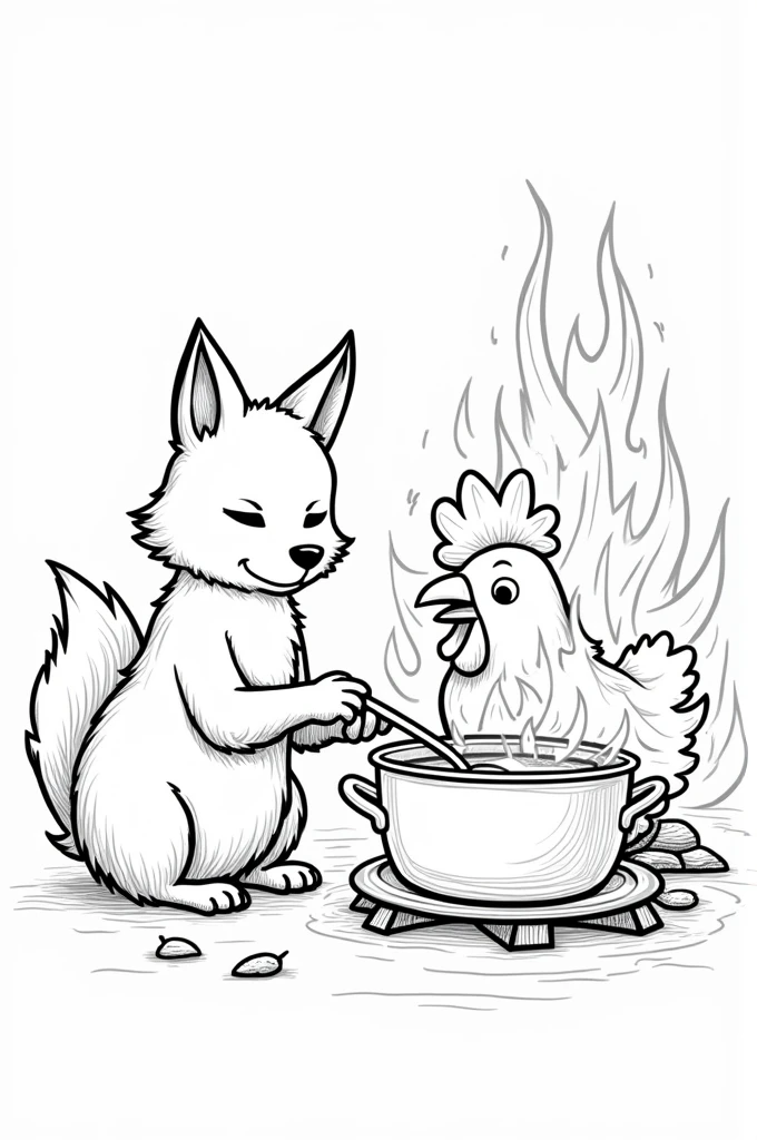 drawing of a fox and a chicken. The chicken must be cooking a nail soup and the fox must be making a fire, to a fireplace at night. The drawing must be and cannot be colored.. The chicken must look smart and the fox must look hungry and tired.. The image must be for coloring.