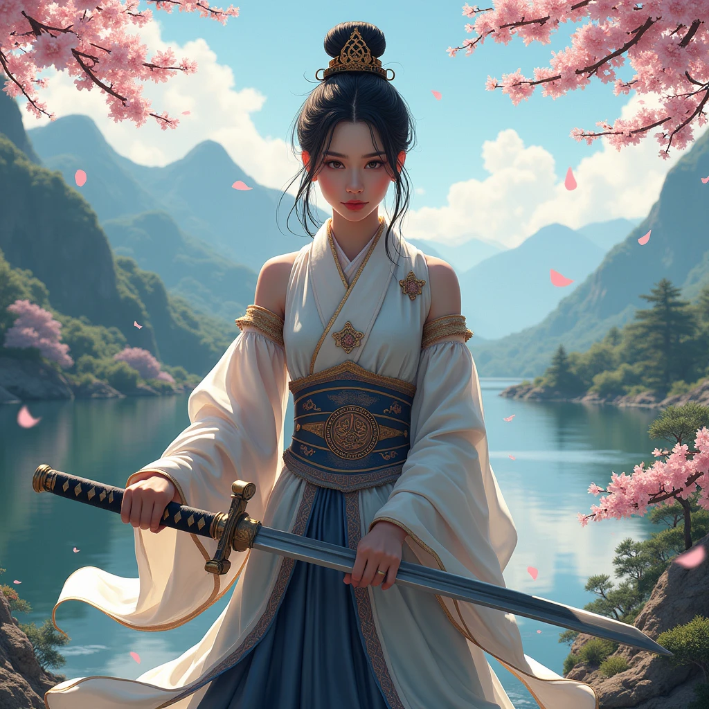 Princess in a dress with a katana in a realistic Japanese landscape 