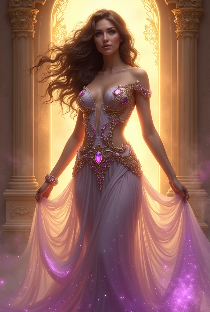 Goddess with crown, dark brown hair, dark brown eyes, White skin, purple and gold aura, with crystals and magnetisms,with a dress