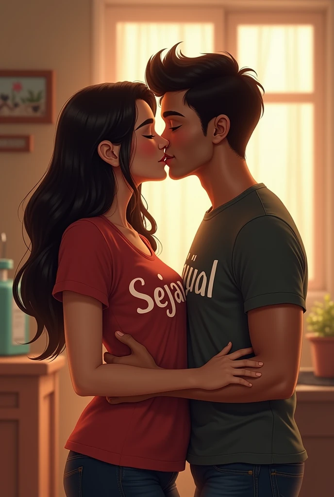 There are two friends kiss, a man and a woman, the fat woman's t-shirt has sejal written on it and the thin man's t-shirt has Shivam written on it