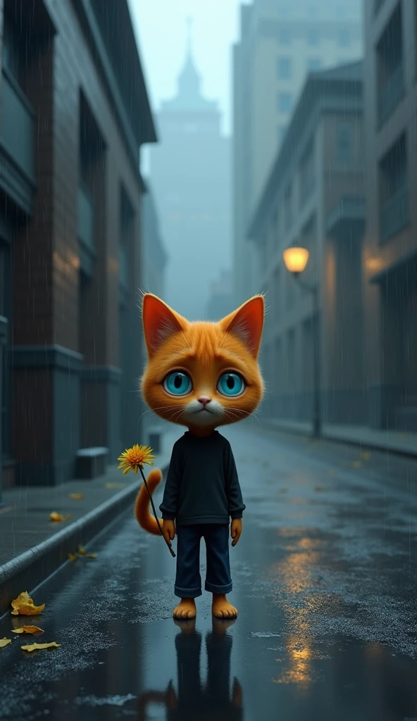 3d animation style. Illustrate an image of an anthropomorphic orange cat with vivid blue eyes, standing alone on a deserted street corner in a gloomy, rain-soaked city. The cat is wearing a black long-sleeve shirt and dark blue jeans, with its bare paws standing in a shallow puddle. Its posture is slumped, and in one hand, it clutches a single wilted yellow flower, the symbol of its fading hope. The background should be dominated by towering, dark buildings with cracked walls, reflecting the cat’s inner turmoil. The street is empty, except for a few scattered leaves and the distant glow of a single streetlamp. The sky is overcast, threatening more rain, adding to the cat’s sense of abandonment. The overall atmosphere should be one of deep sadness and loneliness, capturing the cat’s feeling of being utterly alone in the world.