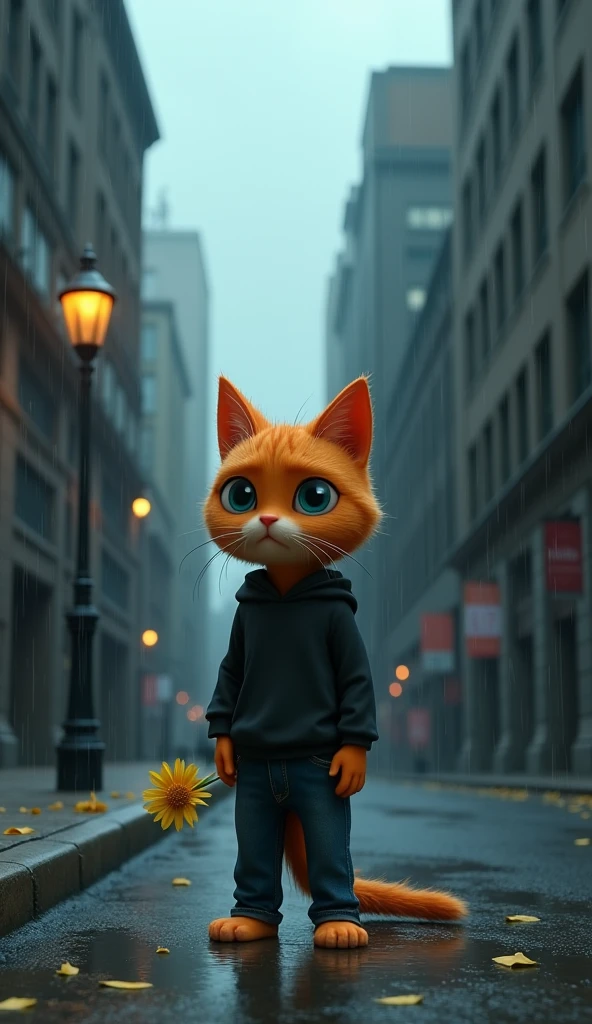 3d animation style. Illustrate an image of an anthropomorphic orange cat with vivid blue eyes, standing alone on a deserted street corner in a gloomy, rain-soaked city. The cat is wearing a black long-sleeve shirt and dark blue jeans, with its bare paws standing in a shallow puddle. Its posture is slumped, and in one hand, it clutches a single wilted yellow flower, the symbol of its fading hope. The background should be dominated by towering, dark buildings with cracked walls, reflecting the cat’s inner turmoil. The street is empty, except for a few scattered leaves and the distant glow of a single streetlamp. The sky is overcast, threatening more rain, adding to the cat’s sense of abandonment. The overall atmosphere should be one of deep sadness and loneliness, capturing the cat’s feeling of being utterly alone in the world.