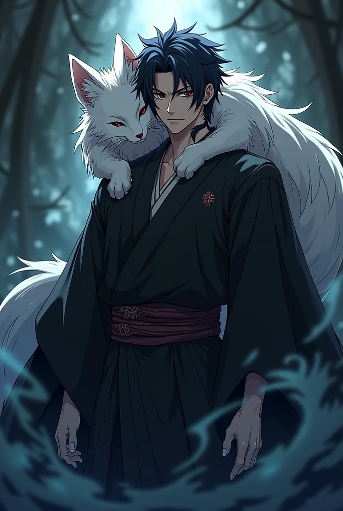 create an anime style male character with shadows of the monarch from solo leveling style along with oni and vast lord from bleach with a kitsune by your side hugging you