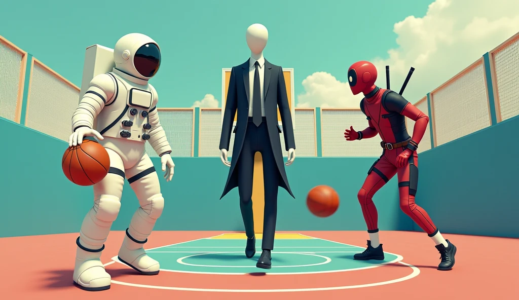 1 space suit guy, Slenderman wearing black suit, and a guy wearing Deadpool suit, all playing basketball