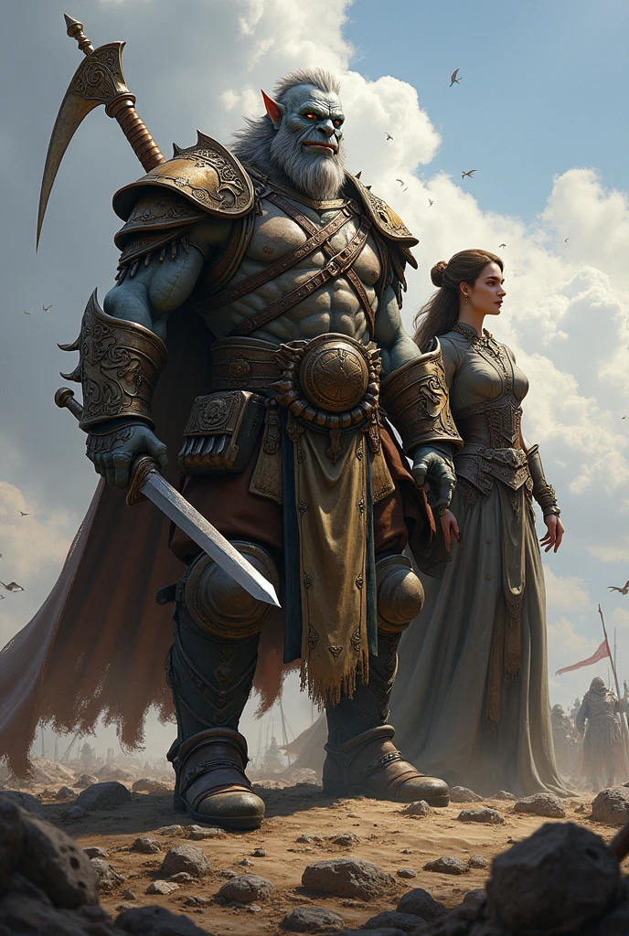 A tall, strong, and stylishly haired Gray Orc Bard with a guitar on his back and a hat and a long sword in his hand standing next to a beautiful woman on a war field. 