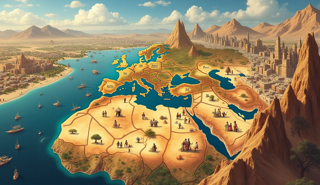 A historical map featuring the Silk Road with traders exchanging goods and ideas. Include a diverse group of characters from different cultures interacting, with a sense of global unity and exchange. The atmosphere should be vibrant and bustling. --ar 16:9