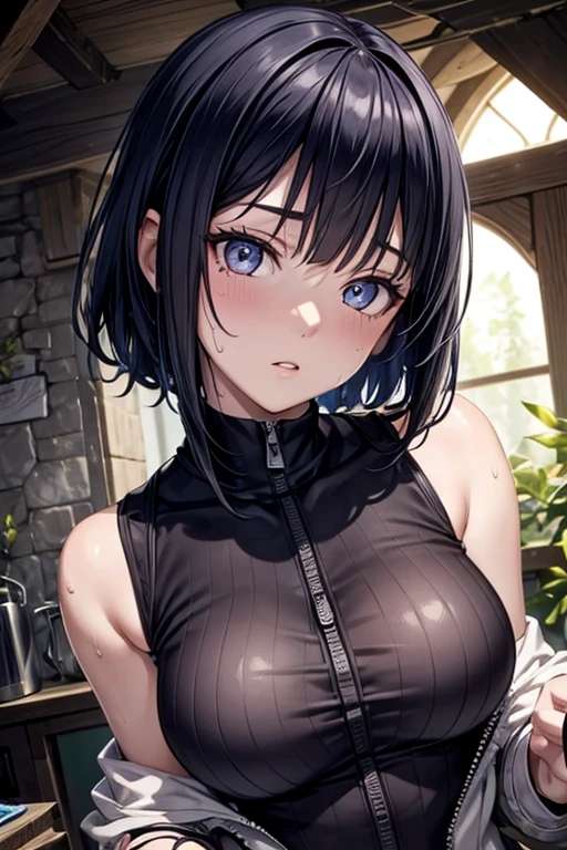 masterpiece, Highest quality,  (Unreal Engine), reality, Super Resolution,  Very detailed, Complex, colorful, Clear images, Sharp focus, Digital Blending, 

Beautiful woman, Hyuuga Hinata, Healthy Body, Big Breasts, Perfect Eyes, Beautiful Eyes, Perfect Face, Ultra detailed hair, Ultra detailed face, Very detailed lips, Vivid expression, Healthy Body, Beautifully detailed sweat glands, Smooth skin texture, Beautiful Skin, Carefully drawn,

((humidity:1.2), Sticky with sweat), (Sleeveless shirt, Fishnet top, Unzipped jacket),  In a dynamic pose, 

Naruto's World, indoor, In the dripping cave, (Shot on Sony α9, Dynamic Angle), 

