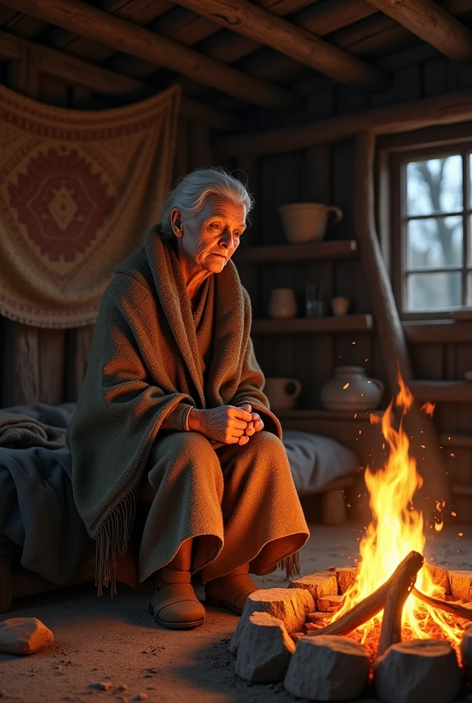Old women sit the hut near campfire