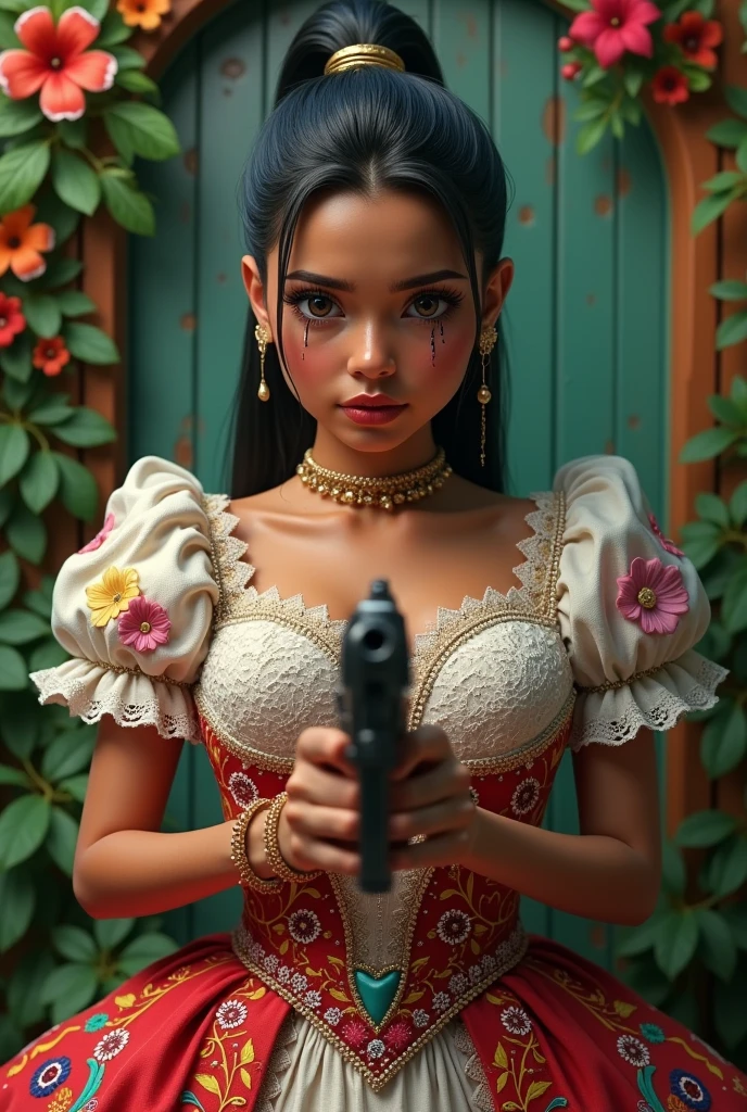 Chola crying in a Mexican style wedding dress with a gun