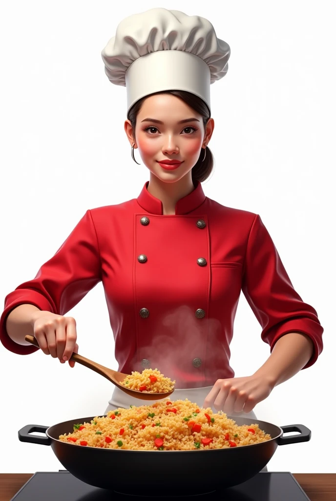 Create a realistic female chef who is stirring fried rice a big pan. and wears a red chef's shirt and chef's hat on a white background