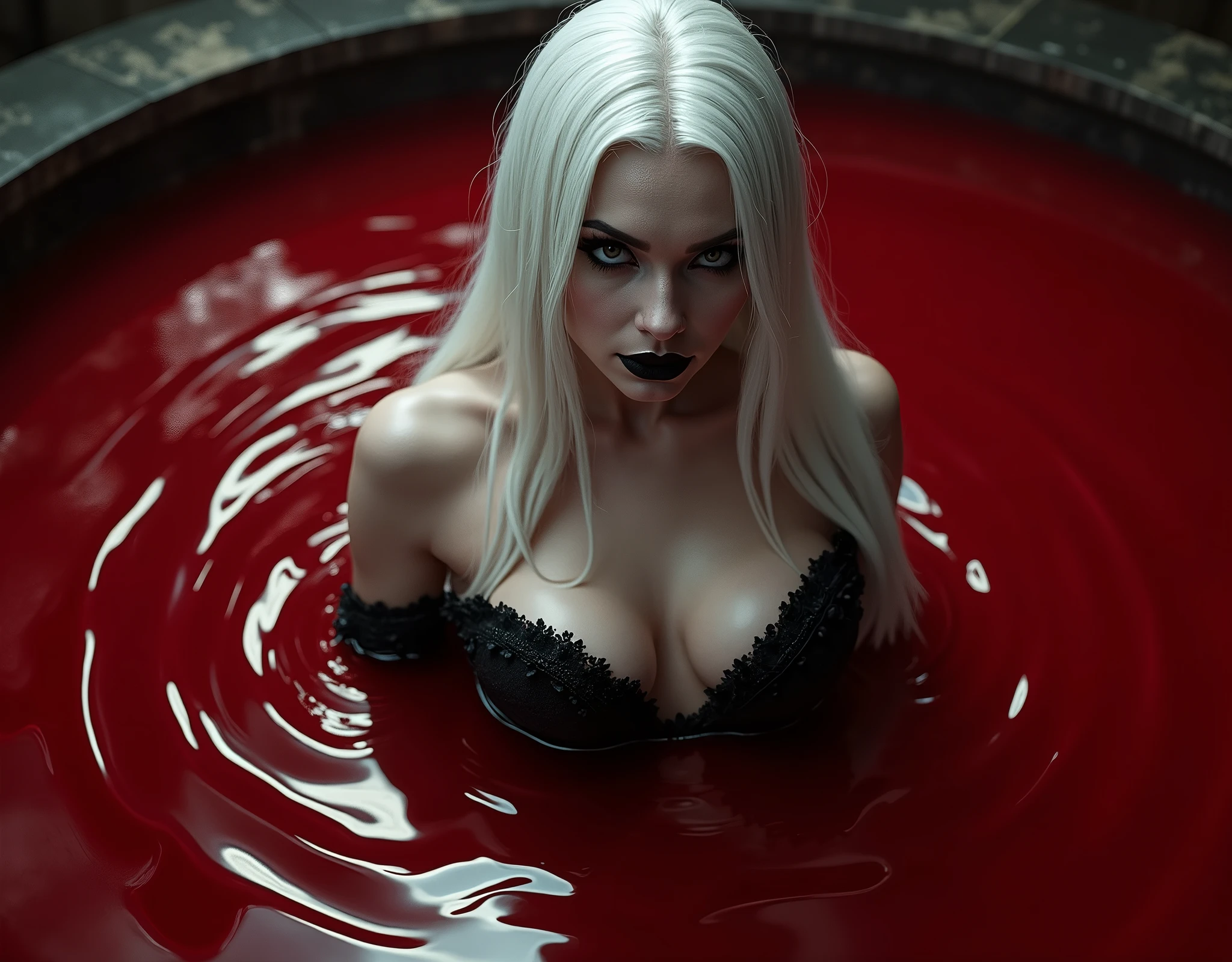 vampire queen submerged in pool of blood, cleavage,  hourglass figure,  black lipstick,  straight white hair