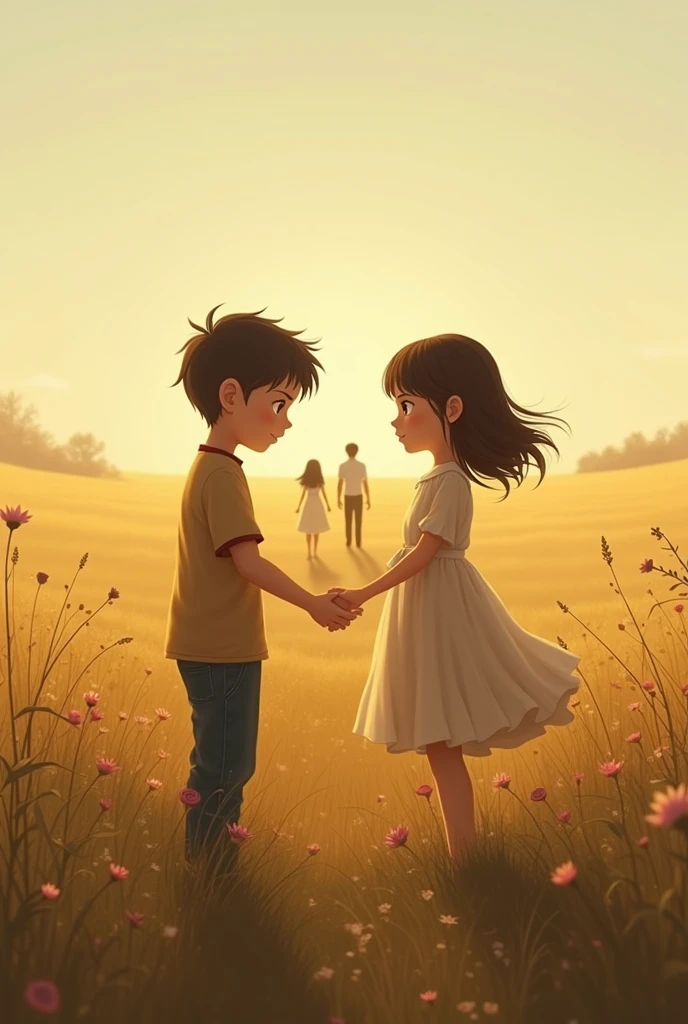 Boy saying goodbye to a girl with his family far away in a field