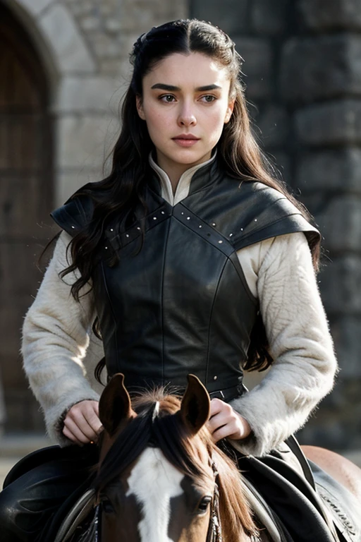 Layde stark game of thrones beautiful face, big eyebrows long straight wavy black hair gray eyes wearing a gray leather riding a horse
