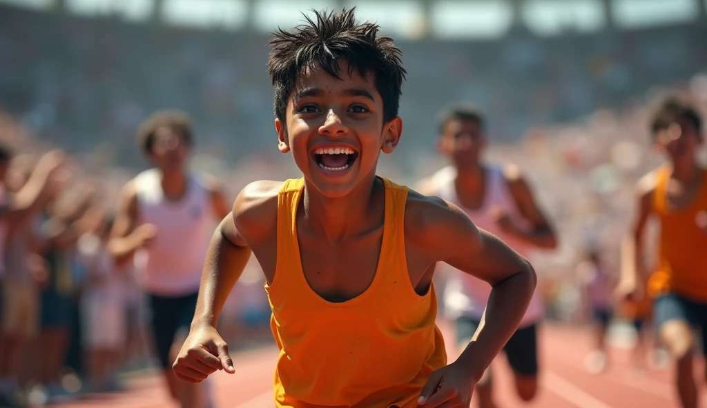 Suraj crossing the finish line, his face lit with joy and relief. The crowd in the stadium erupts in applause. His parents are seen in the background, overwhelmed with emotion. The scene captures the moment of triumph, where Suraj’s hard work and perseverance finally pay off.