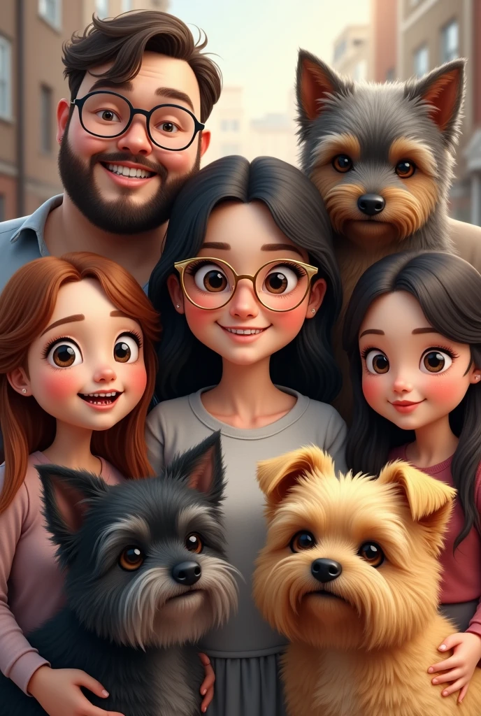 A chubby man with a beard and medium length hair and black glasses, a chubby woman with braces on her teeth , golden glasses with shoulder length hair.
A chubby girl with long hair and a mole near her mouth, another thin girl with hair below her shoulders and another small girl with Chanel hair with bangs and a hot Yorkshire dog with black and gray fur and another Yorkshire dog with yellow fur 