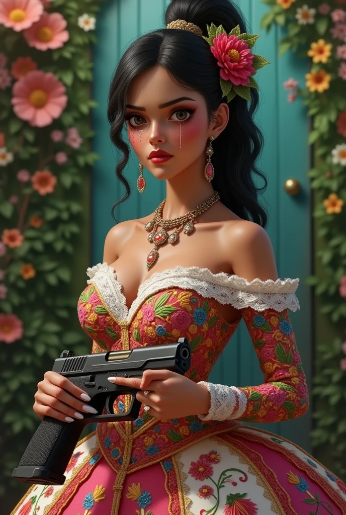 Chola crying in a Mexican style wedding dress with a gun