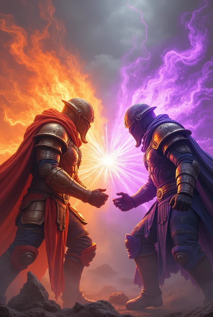 A warrior in orange armor and an orange closed helmet launching a blast of lava against a warrior in purple armor and a purple closed helmet who launched a purple blast against the lava