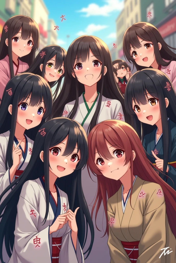 3000 long-haired Asian girls wearing realistic hiragana taking group photos in cute poses
