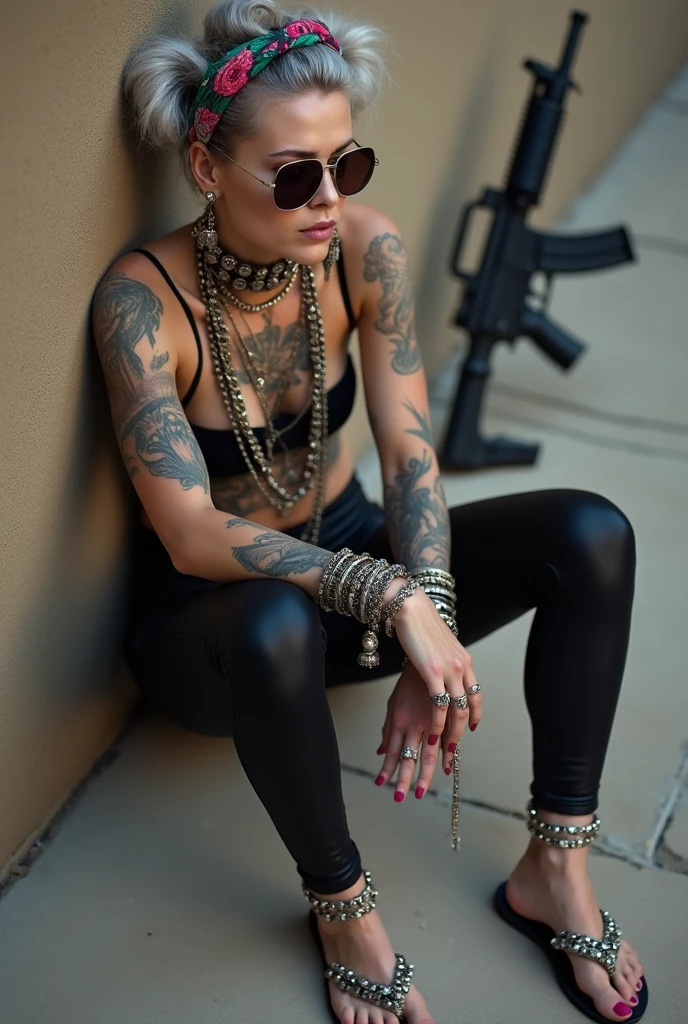 russian milf woman, grey hair (bouffant, top bun) and oversized square sunglasses and wide colourful bandana as headband, with very light green eyes, extremely pale. Big lips. Black lace push up bra, silicone breast,, black skinny leggings. Flip flops. Lots of thick wide studded bracelets, chain collars and big rings,. Additional crossed loose belts,. Long earrings with chains and feathers. Sitting on the ground with legs apart and back leaning against a wall. Neck, chest, stomach and wrists heavily tattoed. Toned abdominals, thin neck, slim legs and thin arms. Narrow hips and long legs. Exhausted, sleeping with mouth open and tilted face.. Seen from above. Uzi Pistol on the ground, next to her
