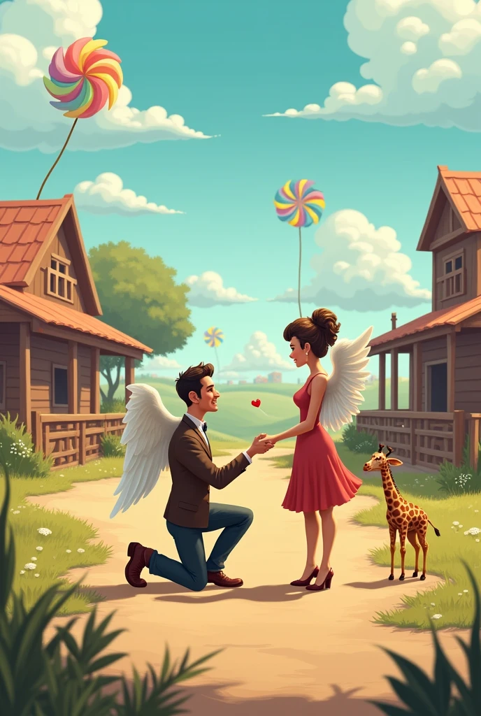
All together, meaning a burger competition on a ranch with a pinwheel in the background and a marriage proposal from a tall man to a winged woman with a super tiny giraffe.

