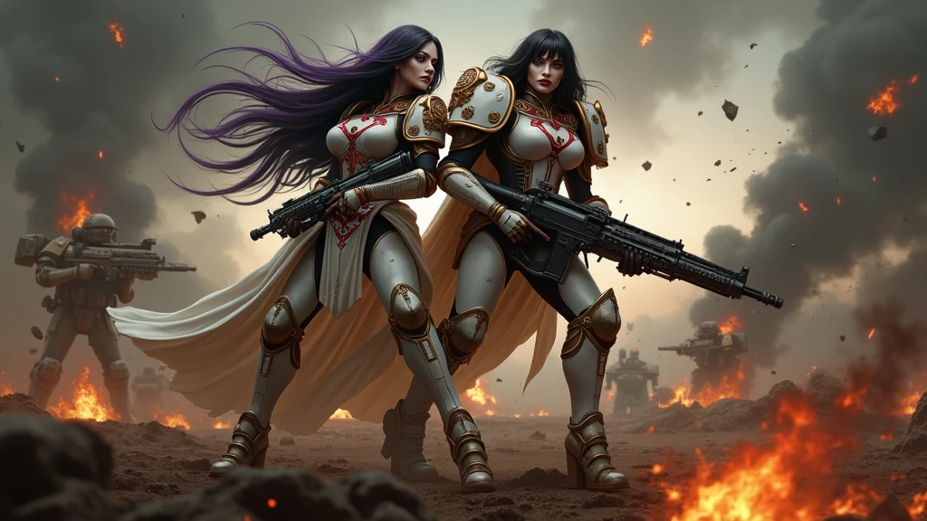 Full body pose sexy sisters of battle from the warhammer 40k, shooting at the enemy, white armor with intricate details, red armor with intricate details, religous symbols on the armor, sisters of battle, warhammer 40k, Massive silicone breast, pale skin, seductive, temptation, eat your soul, clevage, long flowing black hair with purple highlights, heavy gothic makeup, at night, neon, beautiful detailed eyes, beautiful detailed lips, extremely detailed eyes and face, long eyelashes, highly detailed armor, intricate futuristic weaponry, dramatic lighting, cinematic composition, muted color palette, gritty and realistic, mecha, science fiction, hyper-detailed, photorealistic, award winning digital art, 8k, HDR, masters work, in the middle of a battle field, full body combat action pose, explosions and fire around, full war, stunning, Stilleto heels, high heels, full body pose, cinematic, movie trailer, final stand!, nemesis, ready to strike, dust and debree, combat screams, attacking, shooting at the enemy, running forward, last line of defense, charging, fanatic, religious, templar knights, sisters of battle, warhammer 40k