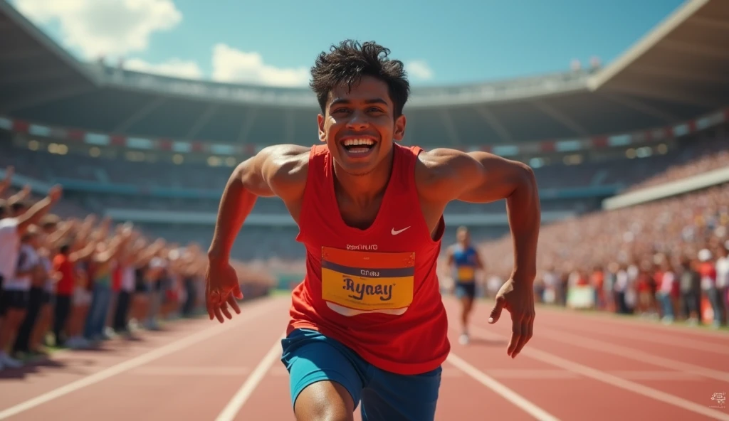 Suraj crossing the finish line, his face lit with joy and relief. The crowd in the stadium erupts in applause. His parents are seen in the background, overwhelmed with emotion. The scene captures the moment of triumph, where Suraj’s hard work and perseverance finally pay off.