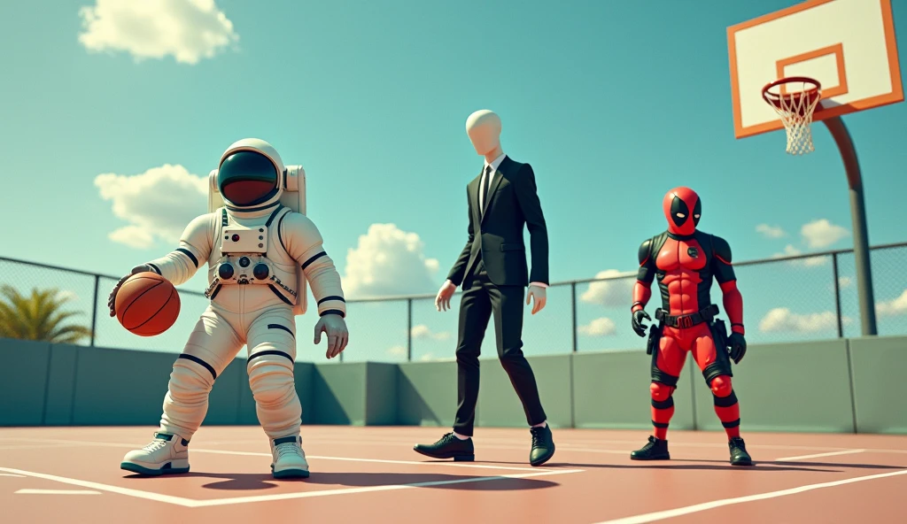 1 space suit guy, Slenderman wearing black suit, and a guy wearing Deadpool suit, all playing basketball