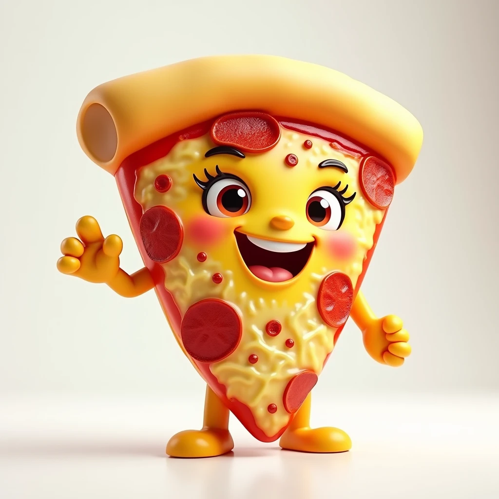 Create a hyper-realistic image of a mascot named WillPizza, shaped like a pizza slice, shown from a front-facing view. WillPizza should have a golden and slightly crispy crust, with melted cheese and toppings visible, capturing the realistic details of a freshly baked slice. Ensure WillPizza has a friendly and approachable expression, possibly with cartoonish eyes and a smile. The background must be completely white, resembling a studio setting or transparent, with no distractions or additional elements. The entire WillPizza mascot should be fully visible, with no parts cut off. Use soft, flattering lighting to highlight the texture and colors of the pizza, emphasizing its appetizing appearance. The image must be ultra-realistic, crystal clear, 8K UHD, with fine details and a polished, high-quality finish. Ensure the entire image is extremely sharp and in perfect focus, with absolutely no blurriness or softness. All details should be perfectly clear and defined, with absolute focus across the entire image. Use the lens at full aperture to achieve maximum sharpness and clarity.