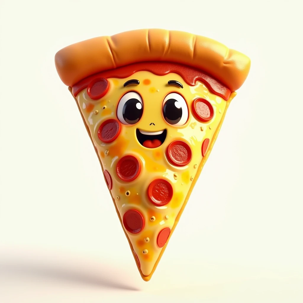 Create a hyper-realistic image of a mascot named WillPizza, shaped like a pizza slice, shown from a front-facing view. WillPizza should have a golden and slightly crispy crust, with melted cheese and toppings visible, capturing the realistic details of a freshly baked slice. Ensure WillPizza has a friendly and approachable expression, possibly with cartoonish eyes and a smile. The background must be completely white, resembling a studio setting or transparent, with no distractions or additional elements. The entire WillPizza mascot should be fully visible, with no parts cut off. Use soft, flattering lighting to highlight the texture and colors of the pizza, emphasizing its appetizing appearance. The image must be ultra-realistic, crystal clear, 8K UHD, with fine details and a polished, high-quality finish. Ensure the entire image is extremely sharp and in perfect focus, with absolutely no blurriness or softness. All details should be perfectly clear and defined, with absolute focus across the entire image. Use the lens at full aperture to achieve maximum sharpness and clarity.