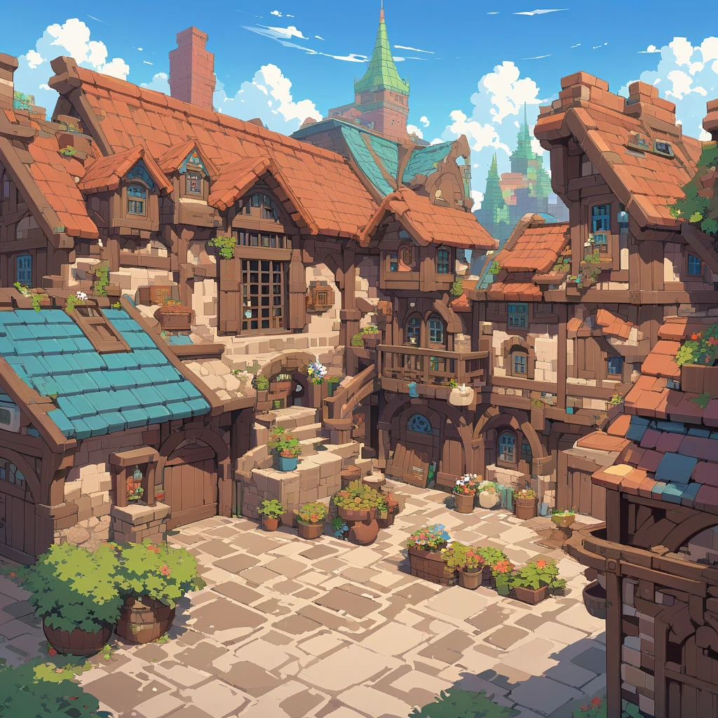 Retro video game style, pixelated, vibrant colors, 8-bit architecture, blocky shapes, sharp lines, detailed shading, classic gaming vibe, nostalgic atmosphere, reminiscent of classic arcade games. Masterpiece:1.2, ultra-detailed, illustration style. 2D texture, stone and brick textures, 4K seamless patterns, video game textures, urban and rural building textures, dirt and wood textures. Game tiles, roofs, 3/4th perspective windows, doors, and walls, 3/4th perspective tileable building facades, tileable rooftops, detailed chimneys, and ornate structures. Very detailed brick and stonework, intricate architectural details.
Building Design: Diverse structures including houses, shops, and towers with various elevations and roof styles.
Texture Detail: High resolution with intricate details like brickwork, wooden planks, and weathered surfaces.
Seamless Pattern: Ensure that the edges of the tiles seamlessly align with adjacent tiles to create a continuous and coherent townscape when repeated.