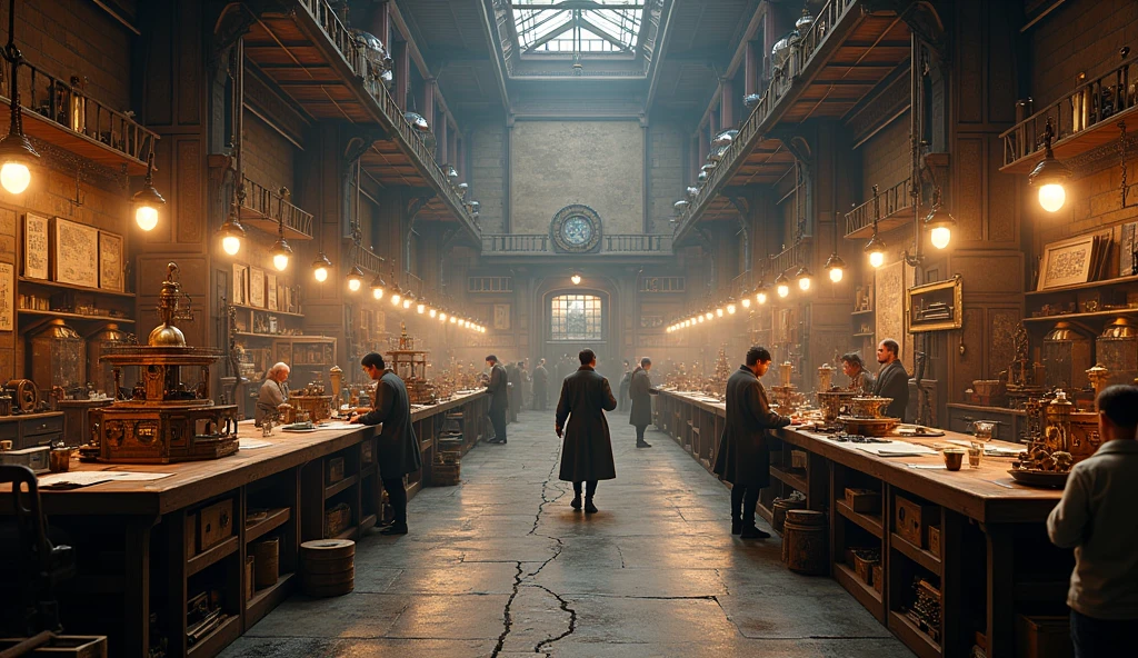 An innovative workshop with early mechanical inventions like the printing press and gunpowder devices. The setting is detailed with intricate machinery and early blueprints, highlighting a period of technological breakthrough. --ar 16:9