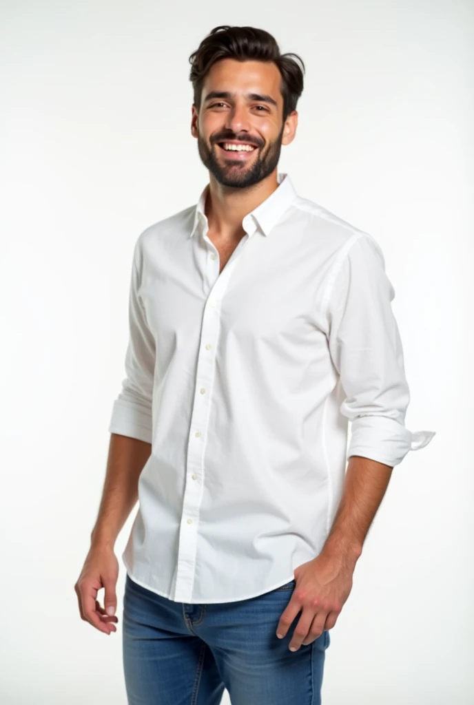 young, slim man, with a little beard on his chin, smiling, white shirt, jeans, white background