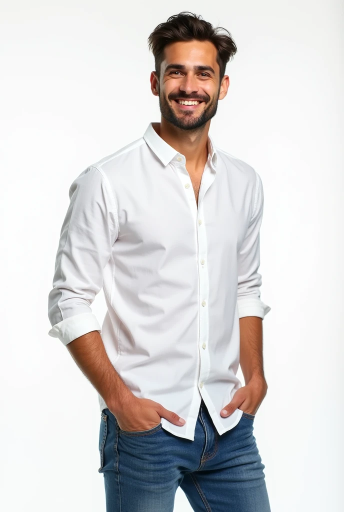 young, slim man, with a little beard on his chin, smiling, white shirt, jeans, white background