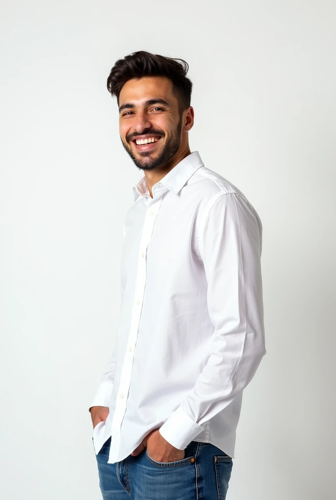 young, slim man, with a little beard on his chin, smiling, white shirt, jeans, white background
