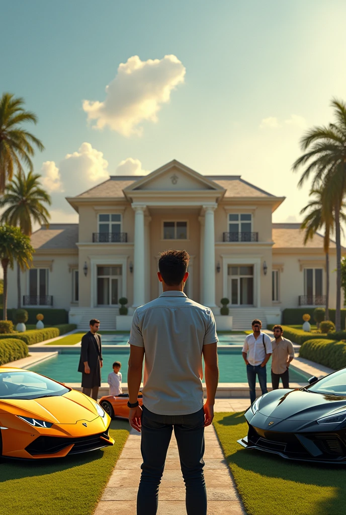 A 22 years man
stand on his billion dollar property with is family.
And his side one Lamborghini Aventador, Mahindra Thar, Lamborghini urush, and private jet and 100 servant are present