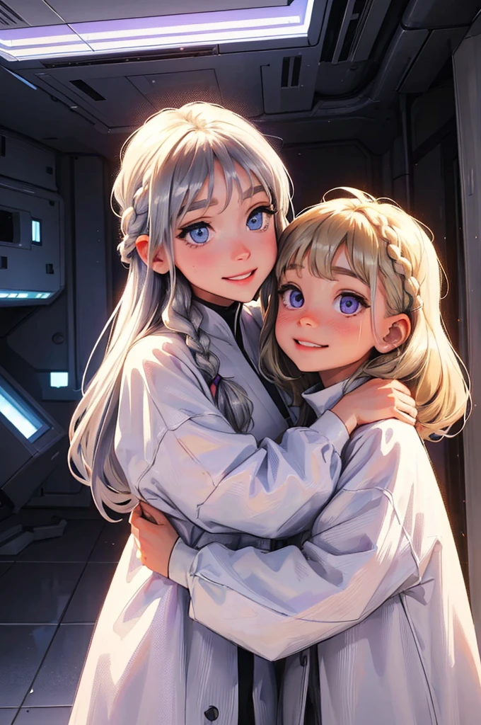 they smile, emotional, cute, sisterly love, bege and white clothing, futuristic, inside a bunker, two females hug, the taller one is a female with braided silver hair and purple eyes, the small one (child) is a female child with blonde hair and blue eyes.