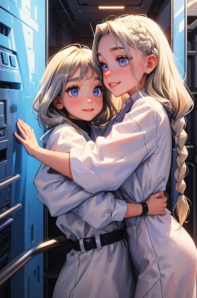 they smile, emotional, cute, sisterly love, bege and white clothing, futuristic, inside a bunker, two females hug, the taller one is a female with braided silver hair and purple eyes, the small one (child) is a female child with blonde hair and blue eyes.