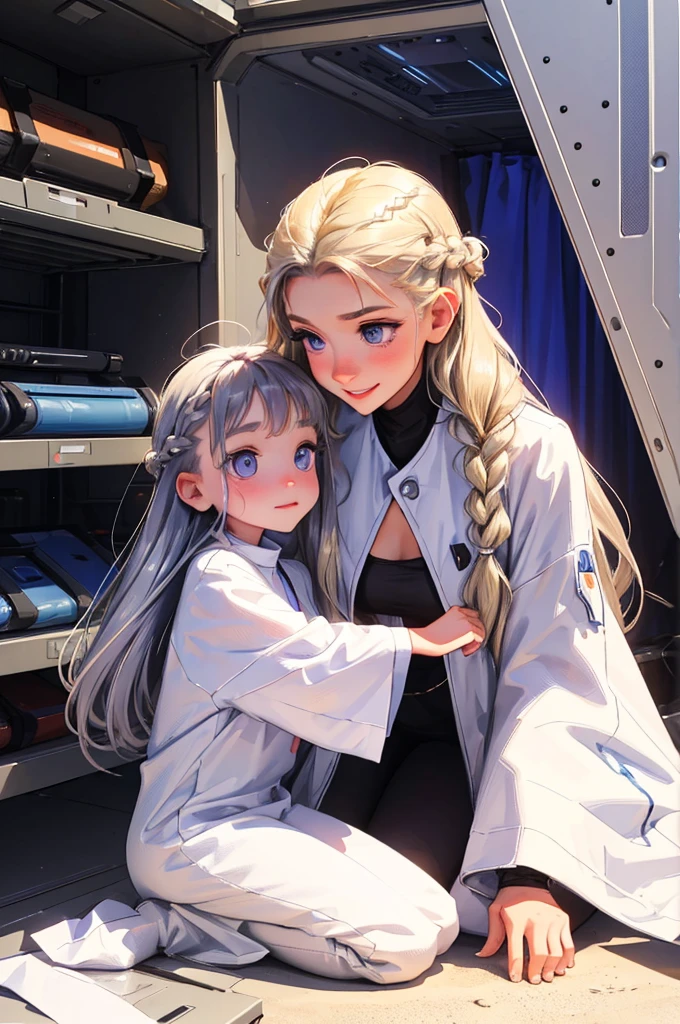 they smile, emotional, cute, sisterly love, bege and white clothing, futuristic, inside a bunker, two females hug, the taller one is a female with braided silver hair and purple eyes, the small one (child) is a female child with blonde hair and blue eyes.