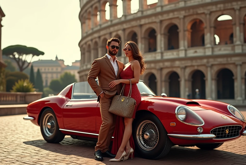 Couple at the Colosseum: A wealthy couple, dressed in elegant attire, poses in front of the Colosseum in Rome. They lean against a classic Ferrari, with the woman holding a designer handbag filled with cash, symbolizing their opulent Roman holiday.