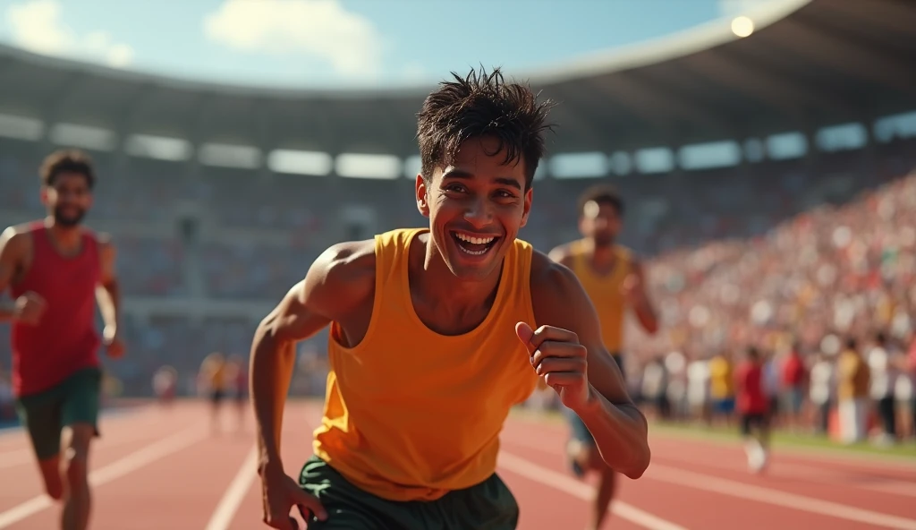 Suraj crossing the finish line, his face lit with joy and relief. The crowd in the stadium erupts in applause. His parents are seen in the background, overwhelmed with emotion. The scene captures the moment of triumph, where Suraj’s hard work and perseverance finally pay off.