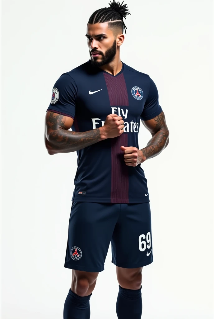Young 2 sexy Rude gangster with black hair shaved on the sides with braids brown eyes thick lips cinnamon skin athletic body masculine energy and sexy defined chin white trimmed beard colored tattoo marked biceps wears black colored man Muslim style, He wears the navy blue PSG uniform with a central red and white stripe., Navy blue shorts with the number 69 and white cleats. The background is white and he is standing, He brings his head closer to the shirt to kiss it, proudly kissing the team's shirt. 8k