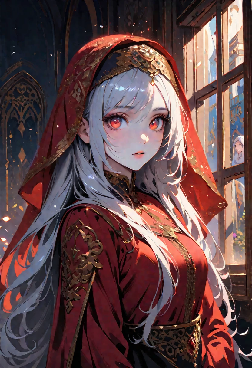 (((WEARING HEADSCARF A ISLAMIC VEIL ON HEAD,  ILLUSTRATION)))
young female albino skin, snow white skin, white  hair,lovely face, crimson lovely big eyes, crimson medieval clothes, innocent face, islamic islamic islamic islamic mythologicalA extremely delicate and beautiful silver-haired girl,Blue pupils,Intricate details, depth of focus,highly detailed, digital painting, artstation, concept art, character art, art by greg rutkowski and tyler jacobson and alphonse mucha Islamic Islamic 8k big lovely eyed wearing veil on head islamic wearing a headscarf veil 👰‍♀ big huge lovely eyes a detailed portrait of a cute goth brunette girl, by justin gerard and greg rutkowski and agnes cecile, digital art, realistic painting, dnd, character design, trending on artstation islamic islamic beautiful like moon young female albino skin, snow white skin, white curly hair, slender face, crimson eyes, crimson medieval clothes, innocent face, islamic islamic islamic islamic mythological big eyed, big eyed silver COLOR EYES, 
big huge lovely big lovely eyed and large eyelashes 
white long hair red lovely eyes extremely beautiful cute and innocent face girl fantasy blue long hair, green eyes, blue star on the left cheek, singing girl islamic islamic  extremely detailed white skin wearing pink color rose dress 🌹 everywhere young female albino skin, snow white skin, slender face, red eyes, crimson islamic  clothes, innocent face, islamic islamic islamic islamic red lovely big lovely eyed woman with veil  islamic islamic beautiful like moon have pink hair,  crystal like woman extremely delicate and beautiful woman, white skin,    looking through the window, dress, red eyes,  dark light night, intricate, elegant, sharp focus, illustration, highly detailed, digital painting, concept art, matte, art by WLOP and Artgerm and Greg Rutkowski and Alphonse Mucha, masterpiece huge lovely eyes and eyesbrows big lovely eyed symmetry, beautiful floral and glitter angel, hyper realistic face, (A beaut