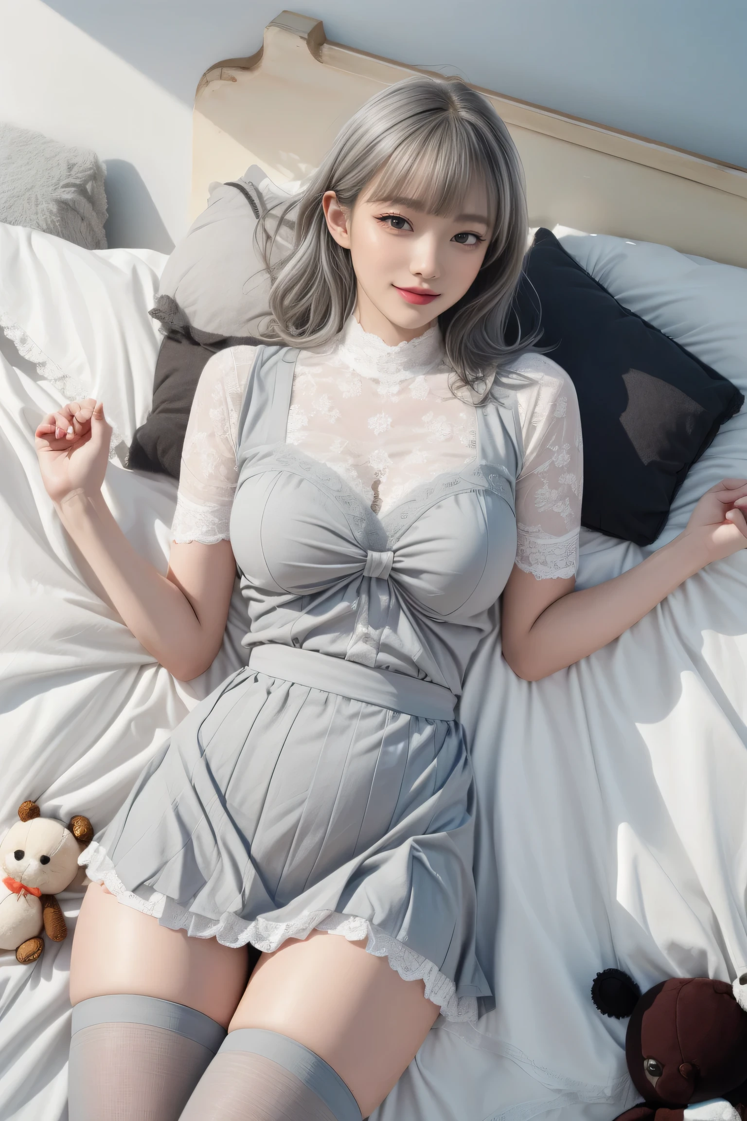 ((Girl lying on bed))、Mature Woman((Light grey hair))、((Blue mesh、Two-tone hair))、Black dress with delicate light blue embellishments、Slender women、Slim and pretty woman、 8K Ultra HD,Detailed face、Delicate texture, Long Hair、(((Blunt bangs)))、(((Drill Hair)))、Tutu skirt、Thigh-length tights、(White lace panties are visible)、((Oriental router))、mini skirt、A room in a Western-style building、((Delicate photo)),(Girl Astepeace RAW Photo Details:1.25), (Highest quality:1.6), (Ultra-high resolution:1.5), (Realistic:1.75), 8k resolution, Canon EOS R5, 50mm, Absurd, Very detailed,Cinema Lighting、((stuffed toy:1.3))、Browsing Caution:1.5(Full Body Shot)、(smile)、
