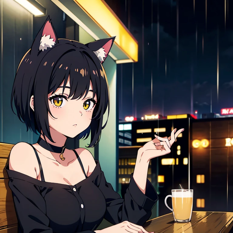 image of a cat girl, in black clothes, relaxing, lo-fi, cafe, with cat ears, black hair, at night, with short hair, with a more 80s anime style, in a calm place with rain in the background