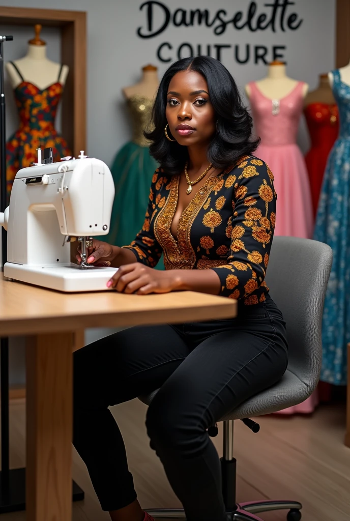 A captivating image of a beautiful dark-skinned African woman sitting behind her machine and sewing on her sewing machine and looking at the camera. She is wearing a black and orange color Ankara top with black jeans and a pair of black Snickers. She is wearing a gold necklace and earrings. Her hair is a shoulder-length black hair. Images of children's ball gowns, and adult dresses are displayed on a dummy in her office. On a signboard in her office is written"Damselette Couture" correctly and boldly written