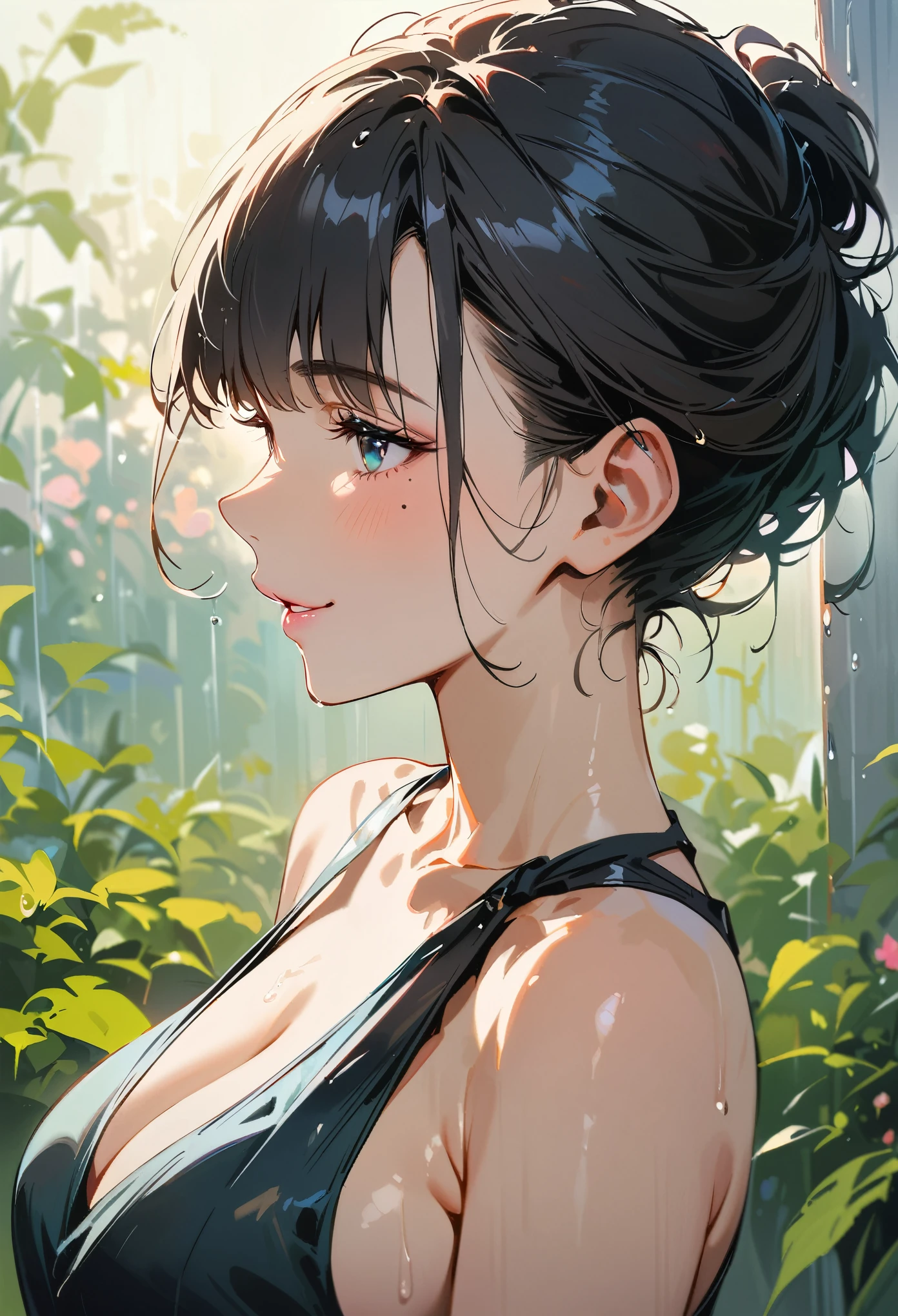 (masterpiece, best quality:1.4), 1 girl, 独奏, Heterochromia, Delicate pupils, Blurred eyes, Close your left eye, Smile, Profile,Tilt your head back 45 degrees, Right tear mole, (Black hair:1.2), Shiny hairstyle, large breasts, Mini Girls, Backlight, Rainy Day, Black sexy evening dress, Works by top portrait painters, Black and white gradient background.