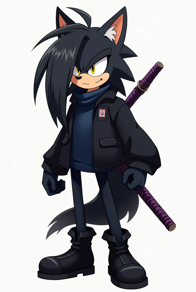 An anthropomorphic Sonic-style wolf with long, short black hair, with the hair covering the left side of the face a little, and with a slightly large ponytail, with big yellow eyes, with black cold weather blouse with dark blue shirt, black pants and black men's boots, with black gloves, and with a purple sheathed Katana on his back.
