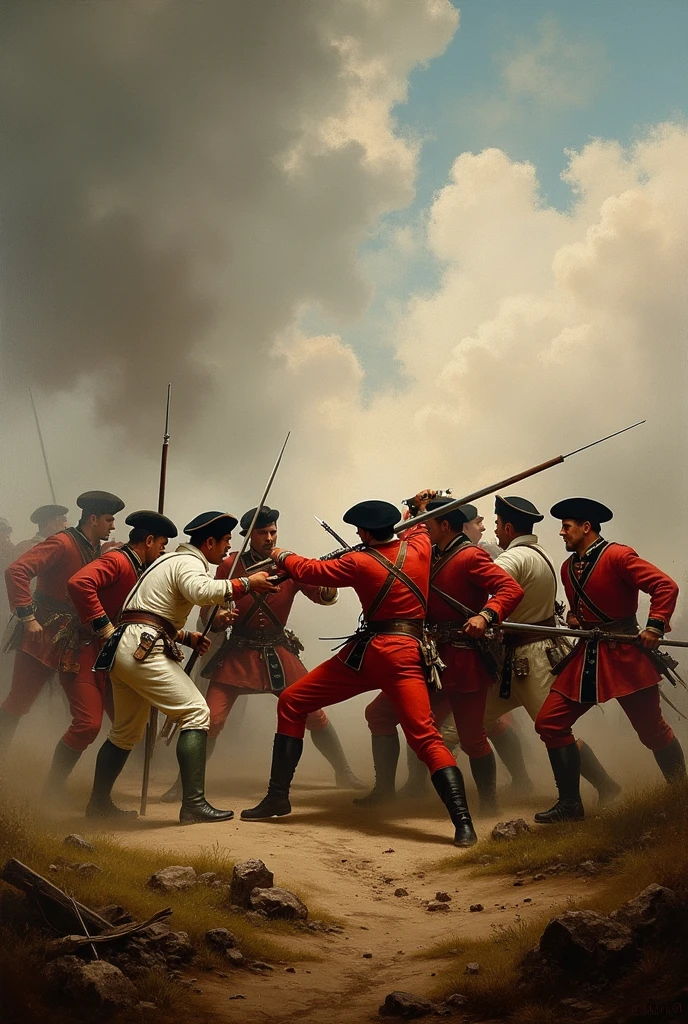 1650 war sceen minimum 10 people show 5 people wearing white cloth other 5 people wearing red cloths