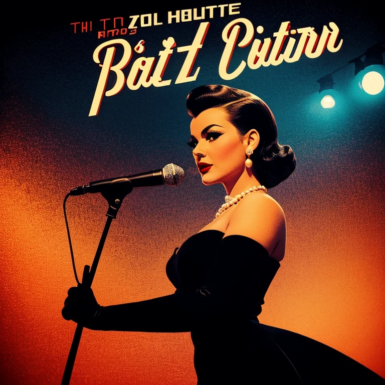"1950s jazz album cover portrait, stylized illustration, female singer in tight little black dress, sultry pose, vibrant colors, high contrast, bold typography, smoky club atmosphere, vintage microphone, long gloves, pearls, dramatic stage lighting, art deco elements, vinyl record visible, grainy texture, cool blue and warm orange tones, hand-drawn look, slightly off-register printing effect, minimalist composition, seductive gaze, red lipstick, 50s pin-up hairstyle, city nightlife background, album title placeholder, record label logo, retro graphic design, mid-century modern aesthetic, feminine silhouette, jazz instruments silhouettes