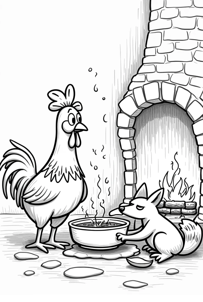 drawing of a fox and a chicken. The chicken must be cooking a nail soup and the fox must be making a fire, to a fireplace at night. The drawing must be and cannot be colored.. The chicken must look smart and the fox must look hungry and tired.. The image must be for coloring. remember if, The chicken is the one cooking.